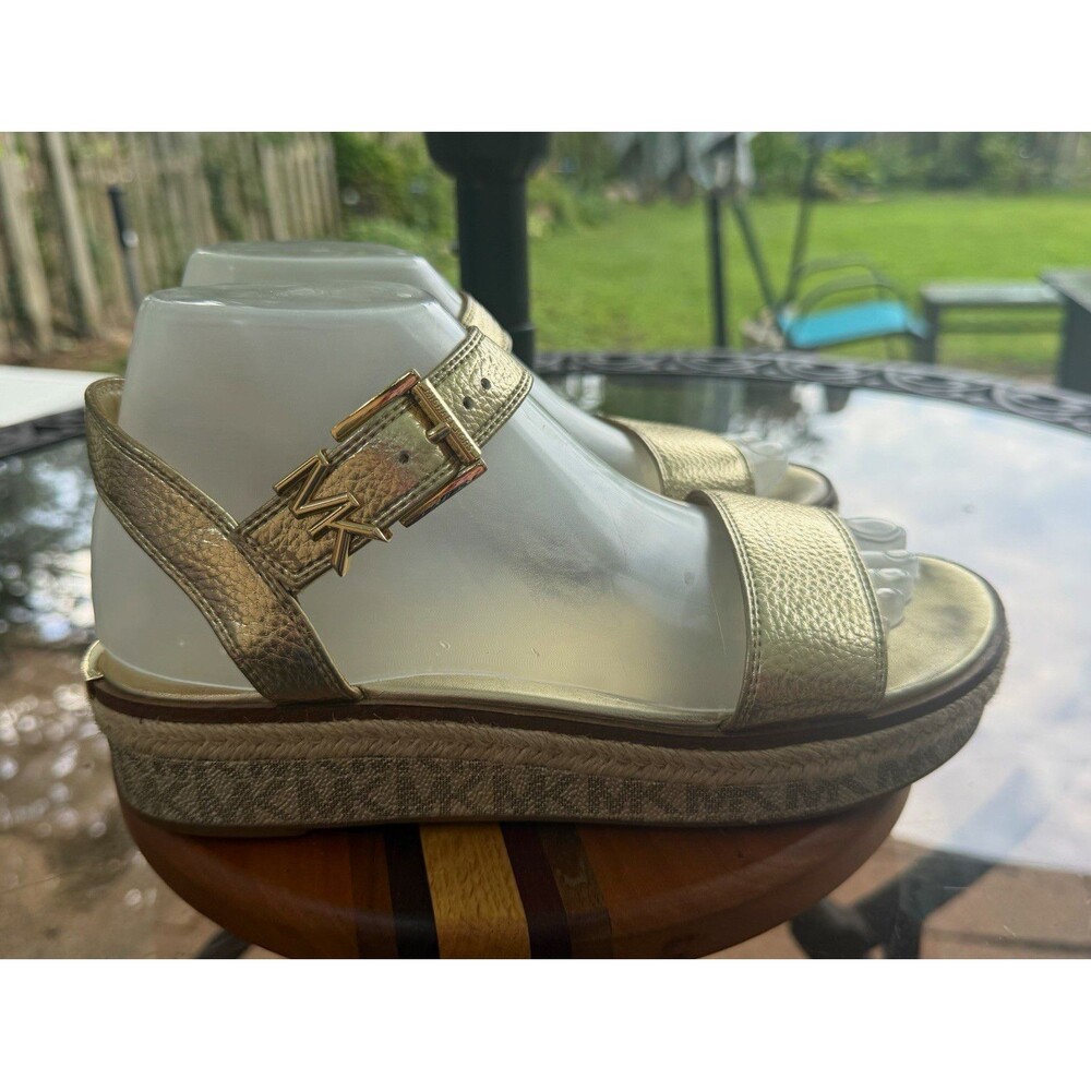 Michael Kors Gold Logo Wedge Sandals Ankle Strap Buckle Womens US 8 EU 38